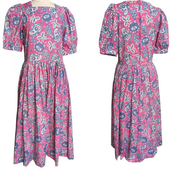 80s Vintage Laura Ashley Dress Puff Sleeve Paisley Floral Pleat Prep Cottage. - Picture 8 of 11